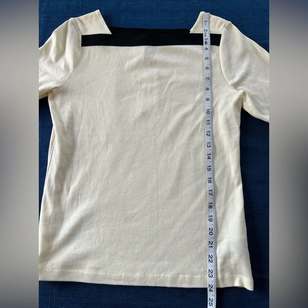 NWT Lauren Ralph Lauren | Cream 3/4 Sleeve Top Black Stripe Neckline Size Med - Picture 9 of 9